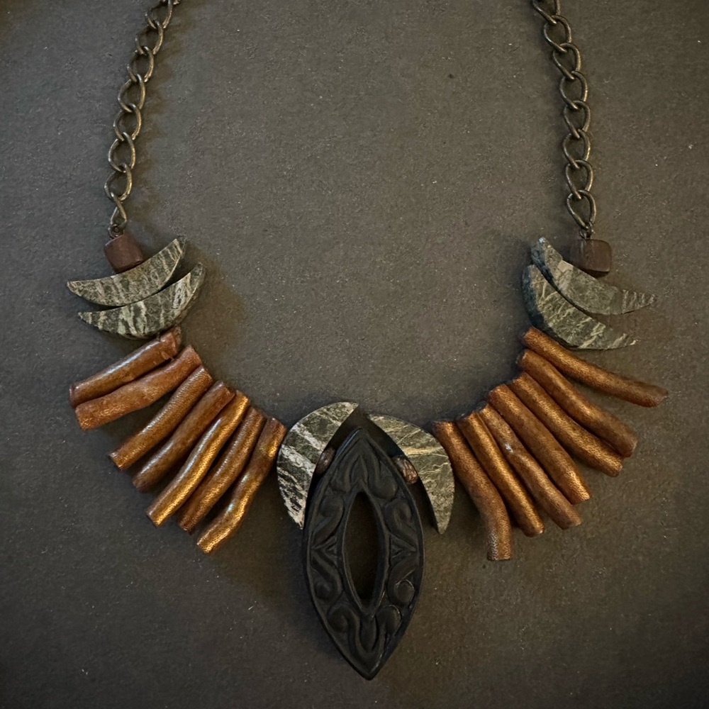 Black Carved Stone and Gold Coral Necklace